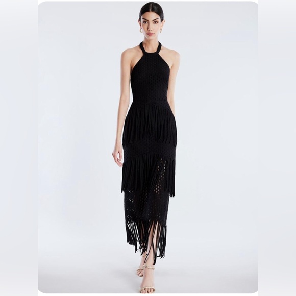 BCBGMaxAzria Dresses & Skirts - BCBGMaxAzria Black Crochet Fringe Halter Midi Dress